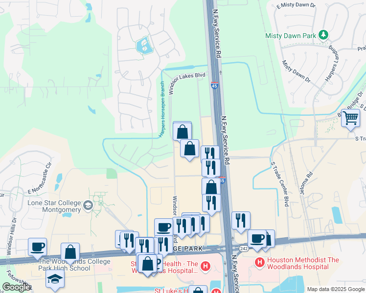 map of restaurants, bars, coffee shops, grocery stores, and more near 16590 Interstate 45 South in The Woodlands