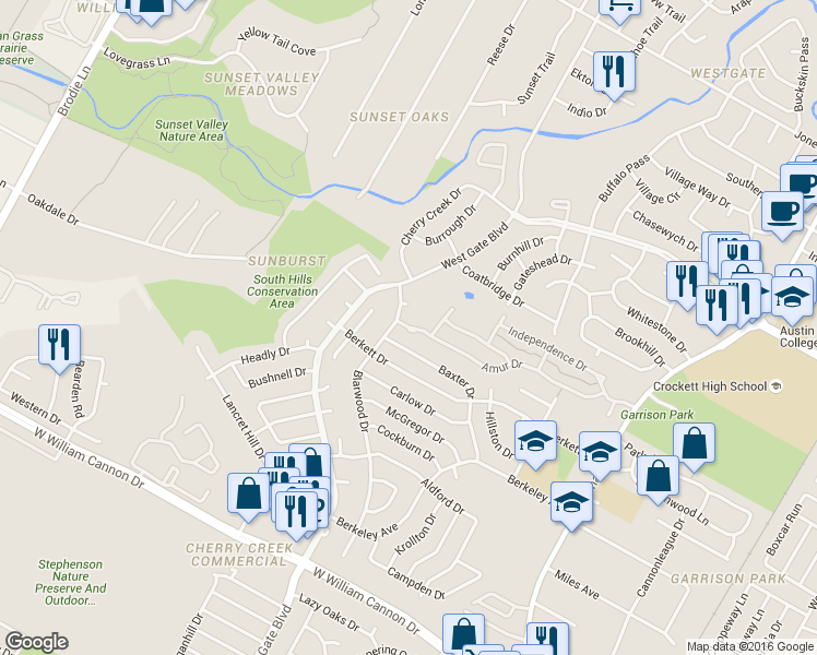 map of restaurants, bars, coffee shops, grocery stores, and more near 2601 Amur Drive in Austin