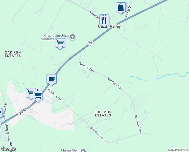 map of restaurants, bars, coffee shops, grocery stores, and more near 11348 Rim Rock Trail in Austin