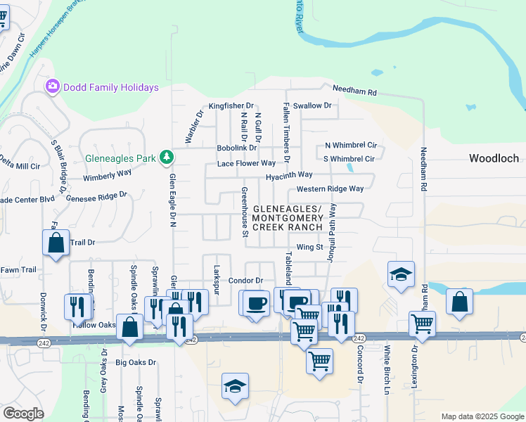 map of restaurants, bars, coffee shops, grocery stores, and more near 16843 Blackberry Lily Lane in Conroe