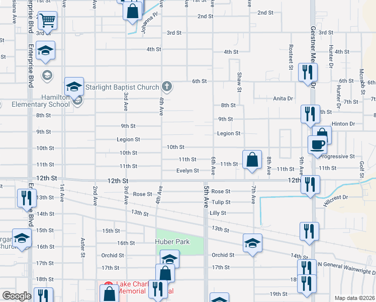 map of restaurants, bars, coffee shops, grocery stores, and more near 2042 11th Street in Lake Charles