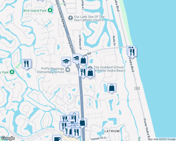 map of restaurants, bars, coffee shops, grocery stores, and more near 35 Executive Way in Ponte Vedra Beach