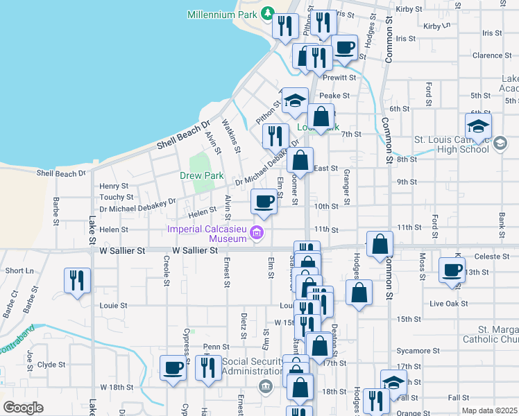 map of restaurants, bars, coffee shops, grocery stores, and more near 1817 Ethel Street in Lake Charles
