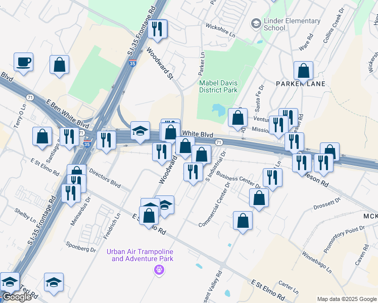 map of restaurants, bars, coffee shops, grocery stores, and more near 2090 Woodward Street in Austin