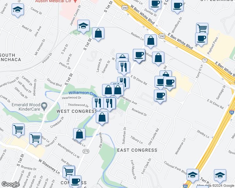 map of restaurants, bars, coffee shops, grocery stores, and more near S Congress Ave & Sheraton Ave in Austin