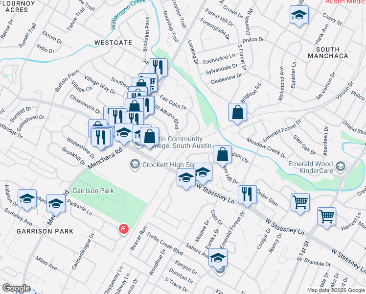map of restaurants, bars, coffee shops, grocery stores, and more near 1420 Salem Meadow Circle in Austin