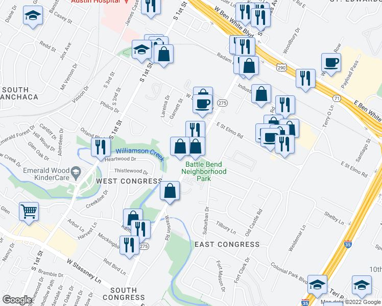 map of restaurants, bars, coffee shops, grocery stores, and more near 4704 South Congress Avenue in Austin