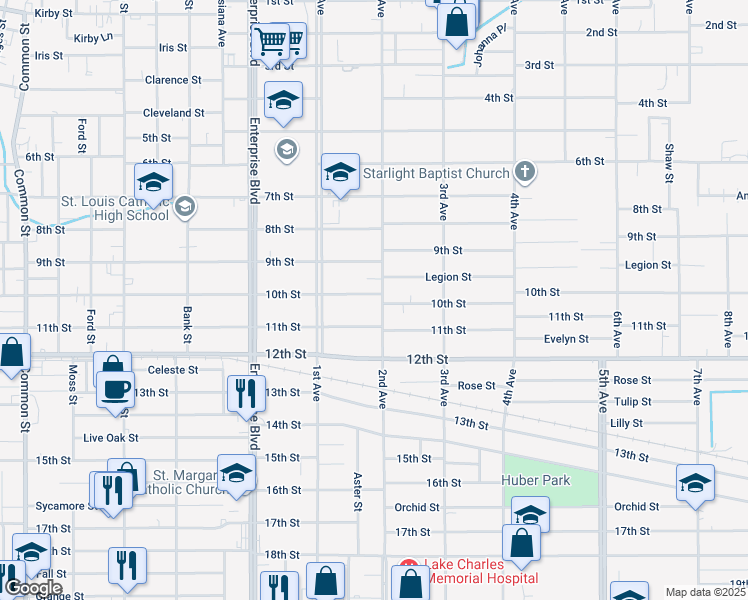 map of restaurants, bars, coffee shops, grocery stores, and more near 1515 11th Street in Lake Charles