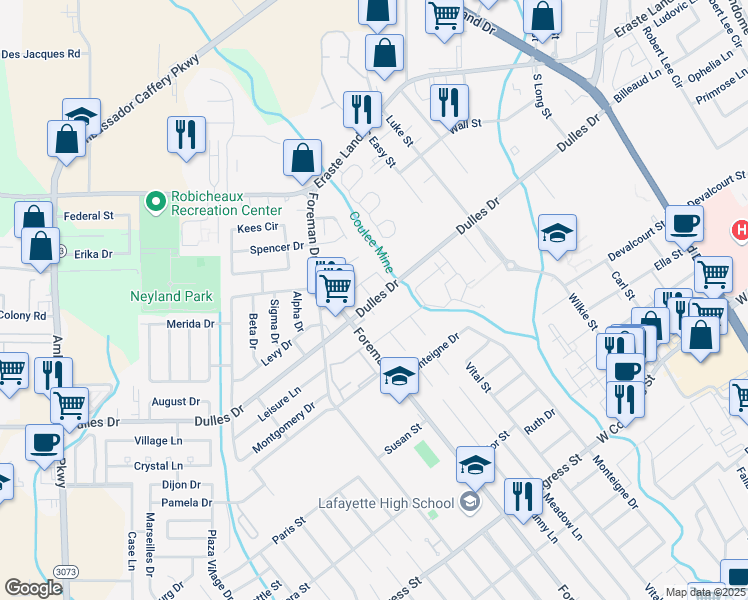 map of restaurants, bars, coffee shops, grocery stores, and more near 520 Dulles Drive in Lafayette