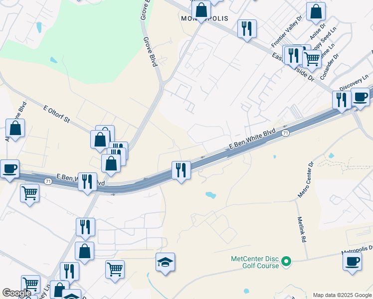 map of restaurants, bars, coffee shops, grocery stores, and more near 6900 East Ben White Boulevard in Austin