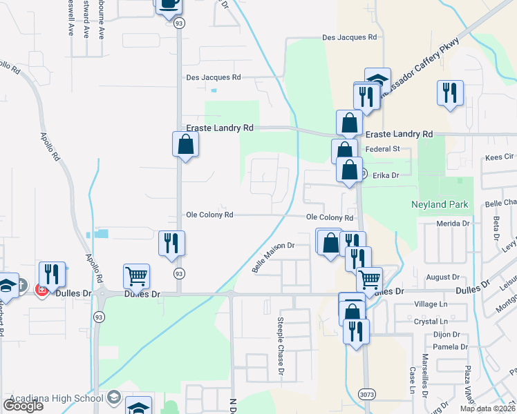map of restaurants, bars, coffee shops, grocery stores, and more near 400 Ole Colony Road in Lafayette