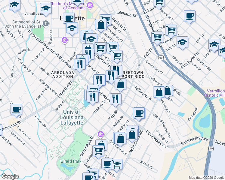 map of restaurants, bars, coffee shops, grocery stores, and more near 309 McKinley Street in Lafayette