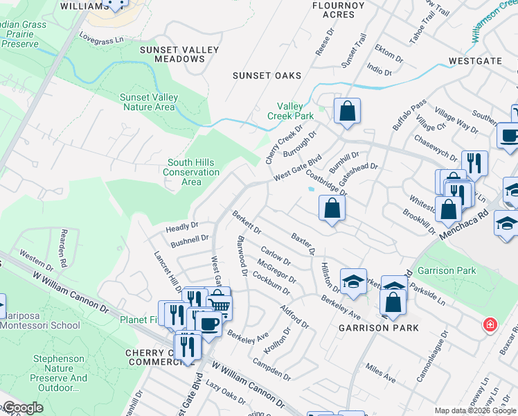 map of restaurants, bars, coffee shops, grocery stores, and more near 6200 Blarwood Drive in Austin