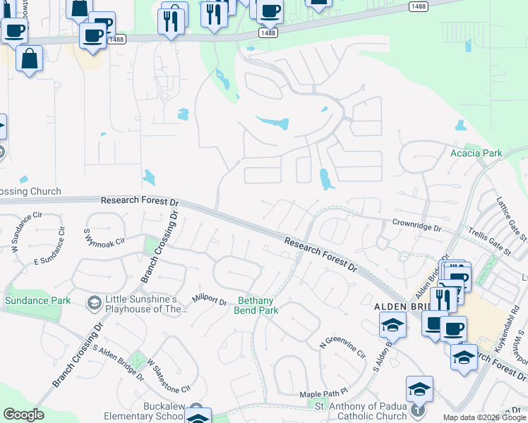 map of restaurants, bars, coffee shops, grocery stores, and more near 10 Timberlea Place in Spring