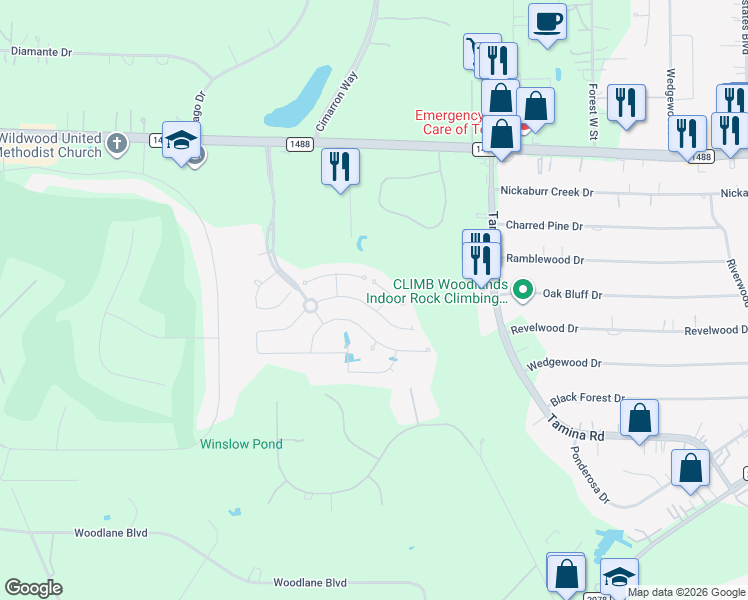 map of restaurants, bars, coffee shops, grocery stores, and more near 8750 Stoney Brook Lane in Magnolia