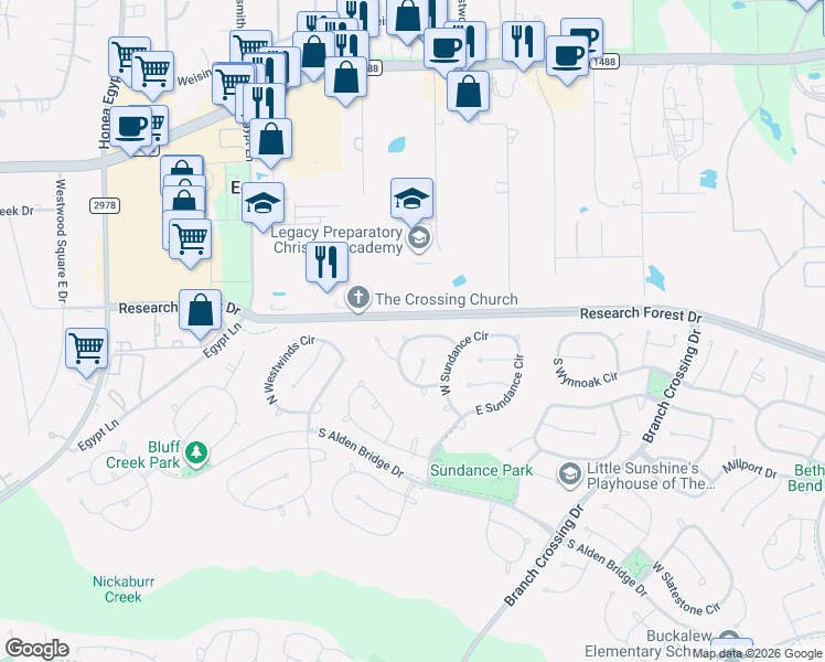 map of restaurants, bars, coffee shops, grocery stores, and more near 77 Sugar Grove Court in Spring
