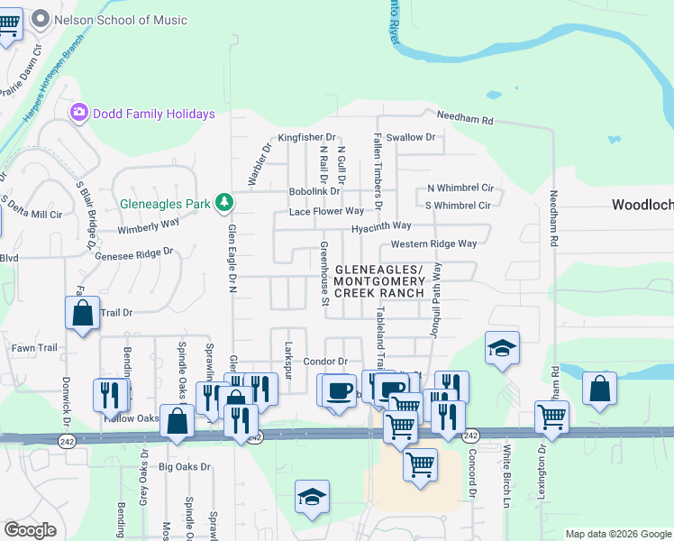 map of restaurants, bars, coffee shops, grocery stores, and more near 16842 Blackberry Lily Lane in Conroe