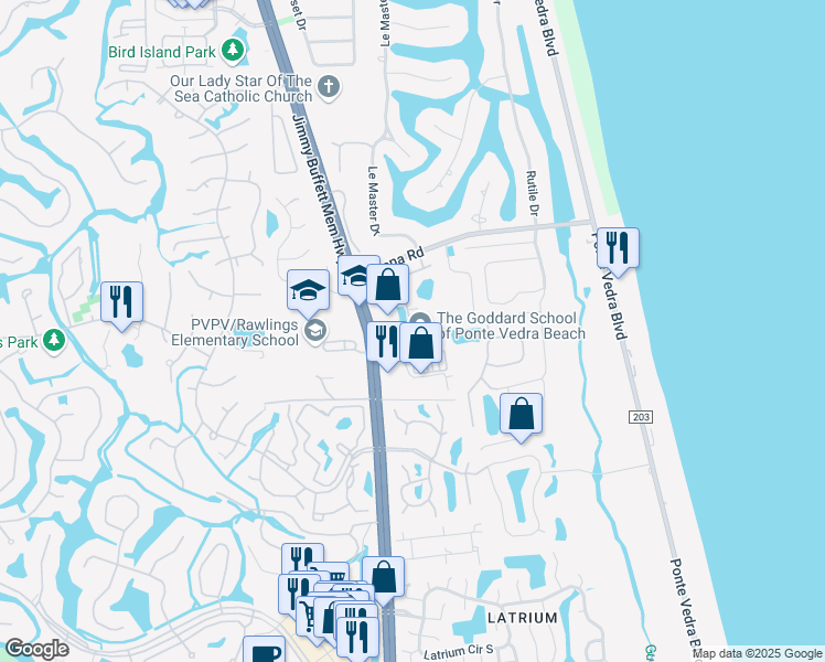 map of restaurants, bars, coffee shops, grocery stores, and more near 121 Ponte Vedra Colony Circle in Ponte Vedra Beach