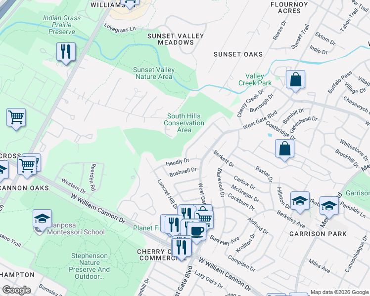 map of restaurants, bars, coffee shops, grocery stores, and more near 6300 London Drive in Austin