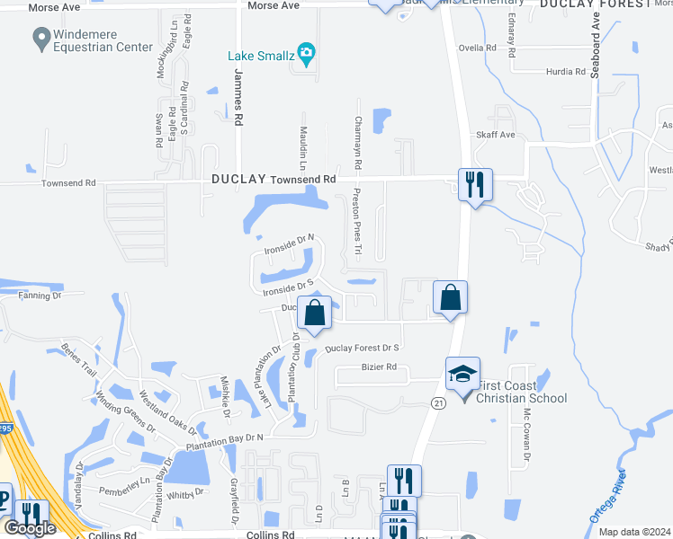 map of restaurants, bars, coffee shops, grocery stores, and more near 7162 Cypress Cove Road in Jacksonville