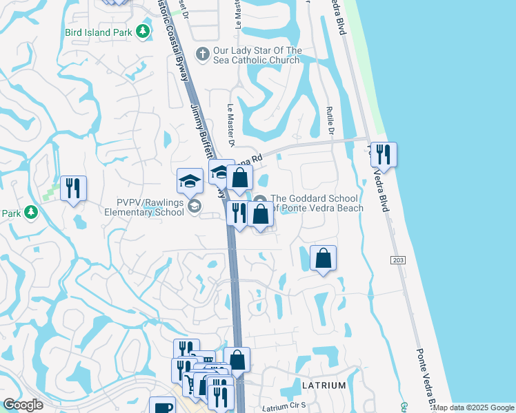map of restaurants, bars, coffee shops, grocery stores, and more near 115 Ponte Vedra Colony Circle in Ponte Vedra Beach