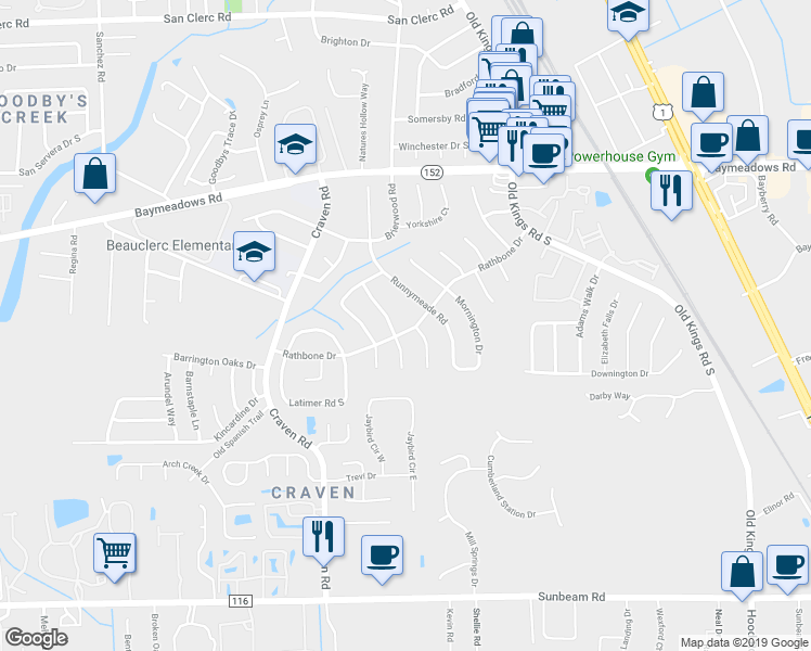 map of restaurants, bars, coffee shops, grocery stores, and more near 9068 Runnymeade Road in Jacksonville