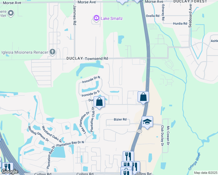 map of restaurants, bars, coffee shops, grocery stores, and more near 7262 Preston Pines Trail in Jacksonville
