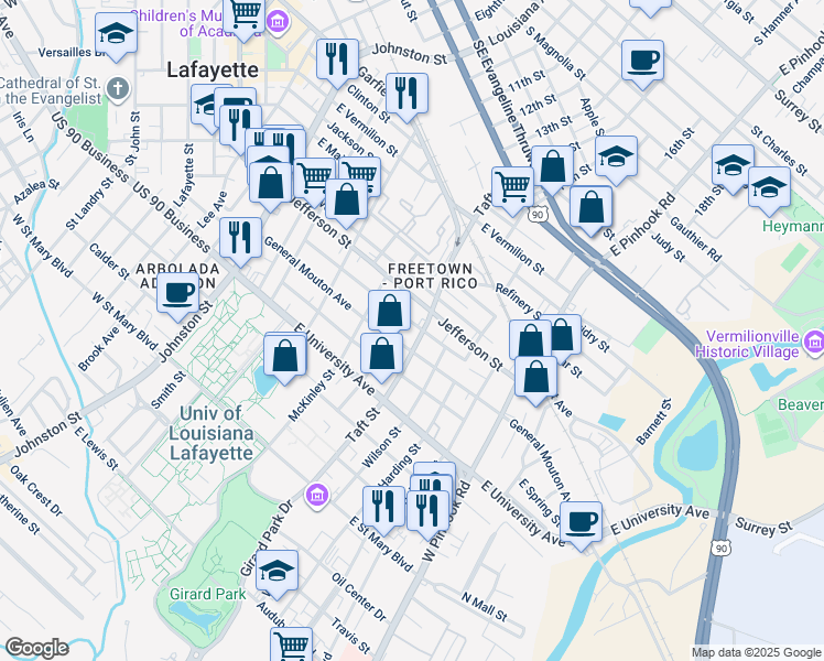 map of restaurants, bars, coffee shops, grocery stores, and more near 1816 Jefferson Street in Lafayette