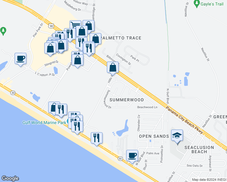 map of restaurants, bars, coffee shops, grocery stores, and more near 95 Windridge Lane in Panama City Beach