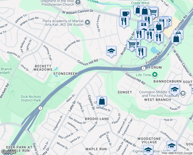 map of restaurants, bars, coffee shops, grocery stores, and more near 7406 Latta Drive in Austin