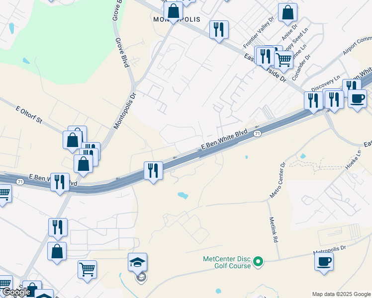 map of restaurants, bars, coffee shops, grocery stores, and more near 6936 East Ben White Boulevard in Austin
