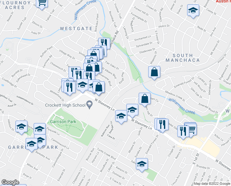 map of restaurants, bars, coffee shops, grocery stores, and more near 5305 St Georges Green in Austin