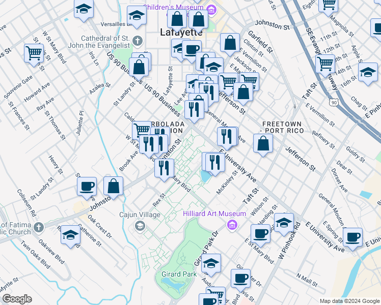 map of restaurants, bars, coffee shops, grocery stores, and more near 104 East University Avenue in Lafayette