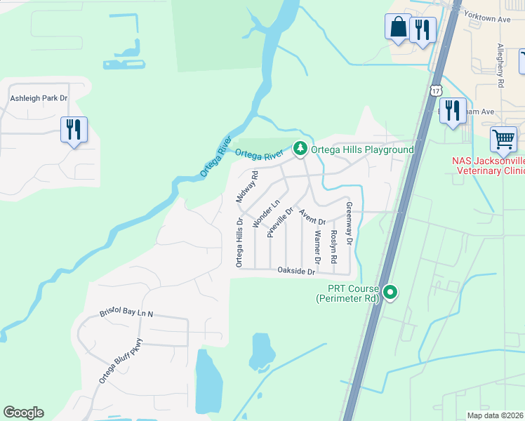 map of restaurants, bars, coffee shops, grocery stores, and more near 7310 Ortega Hills Drive in Jacksonville