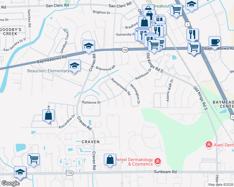 map of restaurants, bars, coffee shops, grocery stores, and more near 9068 Runnymeade Road in Jacksonville