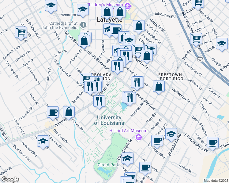 map of restaurants, bars, coffee shops, grocery stores, and more near 202 Hebrard Boulevard in Lafayette
