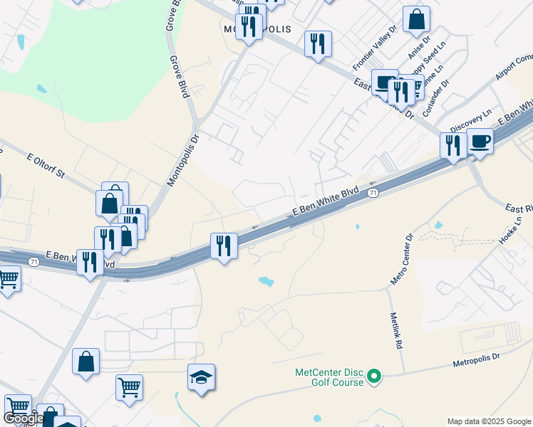 map of restaurants, bars, coffee shops, grocery stores, and more near 6936 East Ben White Boulevard in Austin