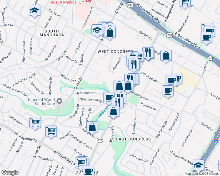 map of restaurants, bars, coffee shops, grocery stores, and more near 4704 S Congress Ave in Austin