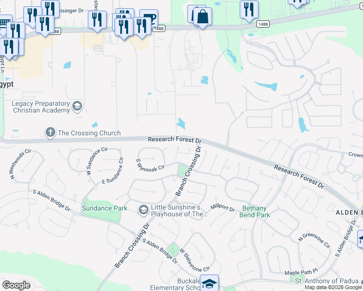map of restaurants, bars, coffee shops, grocery stores, and more near 79 Blackstar Place in Spring