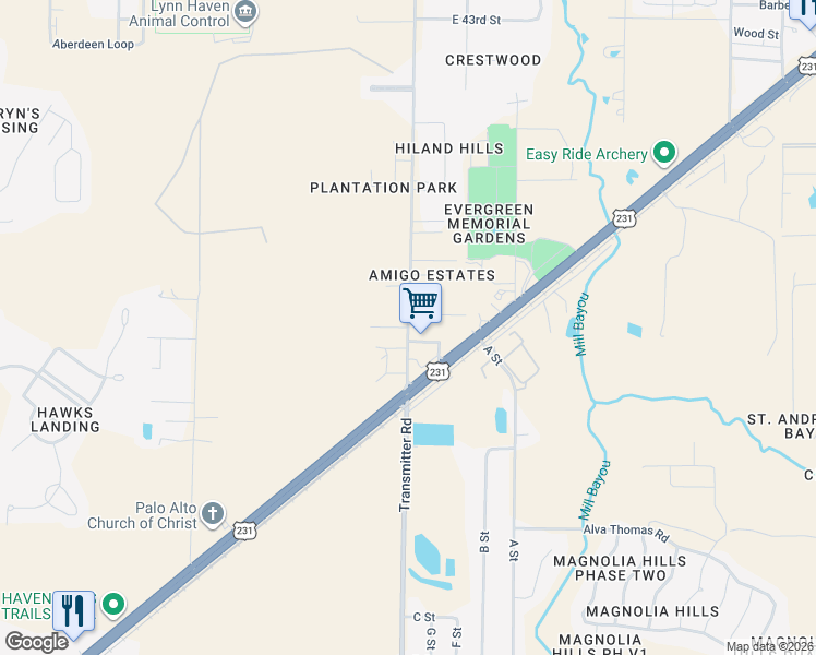 map of restaurants, bars, coffee shops, grocery stores, and more near 3701 Transmitter Road in Panama City
