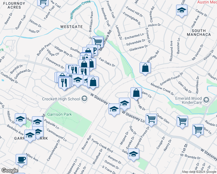 map of restaurants, bars, coffee shops, grocery stores, and more near 5305 Saint Georges Green in Austin
