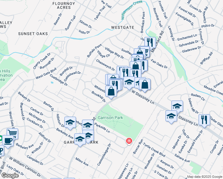 map of restaurants, bars, coffee shops, grocery stores, and more near 5700 Menchaca Road in Austin