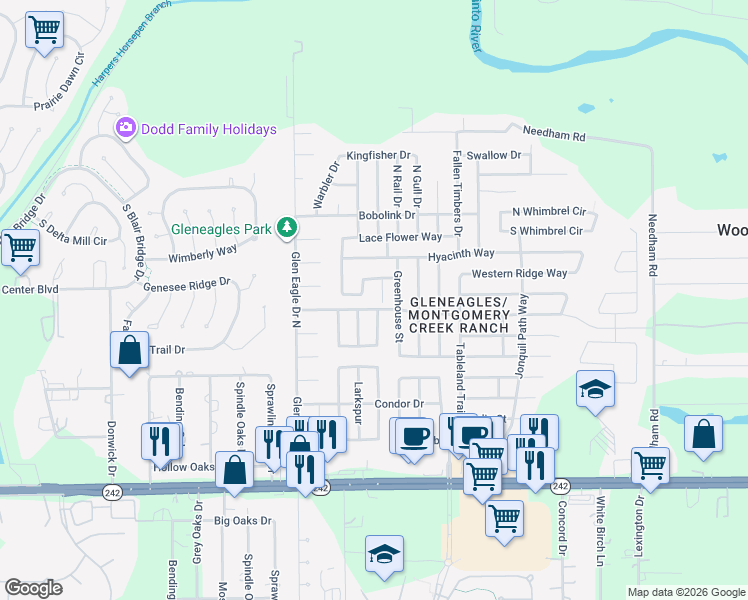 map of restaurants, bars, coffee shops, grocery stores, and more near 16801 Infield Court in Conroe