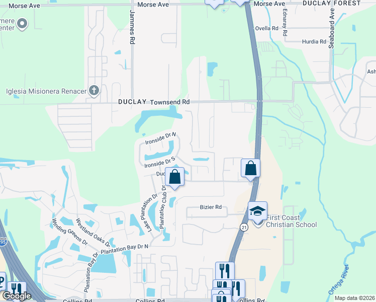 map of restaurants, bars, coffee shops, grocery stores, and more near 7262 Preston Pines Trail in Jacksonville