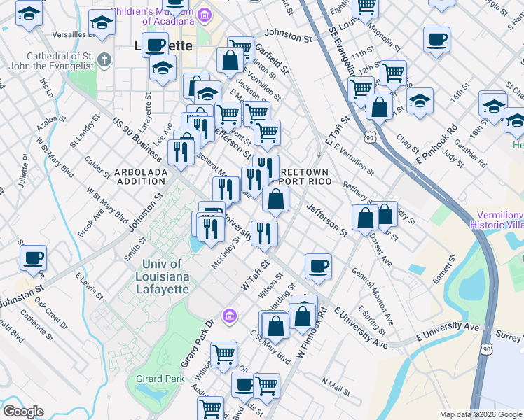 map of restaurants, bars, coffee shops, grocery stores, and more near 426 General Mouton Avenue in Lafayette