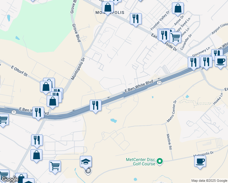 map of restaurants, bars, coffee shops, grocery stores, and more near 3964 East Ben White Boulevard in Austin