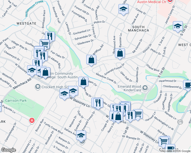 map of restaurants, bars, coffee shops, grocery stores, and more near 5213 Emerald Meadow Drive in Austin