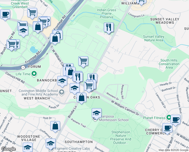 map of restaurants, bars, coffee shops, grocery stores, and more near 6701 Brodie Lane in Austin