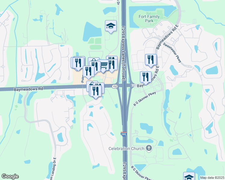 map of restaurants, bars, coffee shops, grocery stores, and more near Baymeadows Rd in Jacksonville