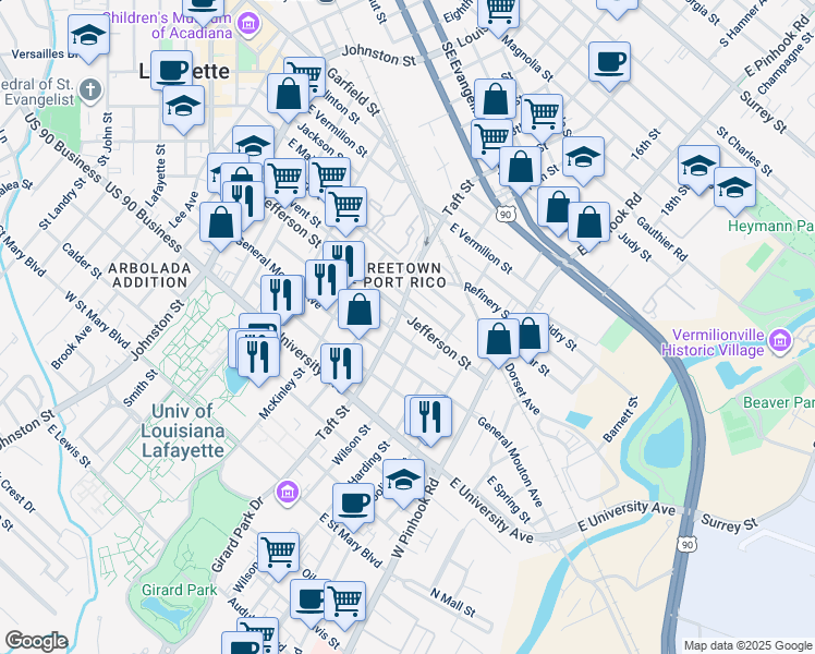 map of restaurants, bars, coffee shops, grocery stores, and more near 1816 Jefferson Street in Lafayette